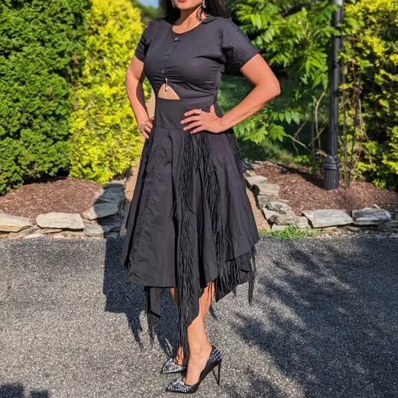 Bibhu‎ Mohapatra Cutout Fringe Dress Black Button Short Sleeve Western Sz 4 - Picture 4 of 13